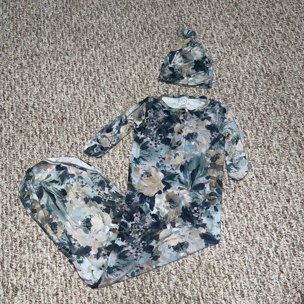 Lou Lou & Company Floral Kids One Piece with Hat - Blue and Cream